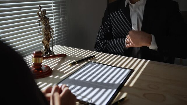 Businessman is bribing a lawyer, who accepts the money and puts it in his pocket, during a business meeting in his office