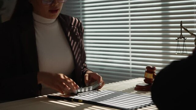 Businesswoman refusing a bribe from a lawyer in his office conveys a tense atmosphere. Stress and anxiety fill the room as she confronts the unethical proposal