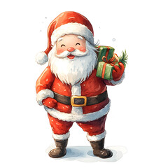 christmas watercolor style cute smiling cartoon santa claus holding gift boxes