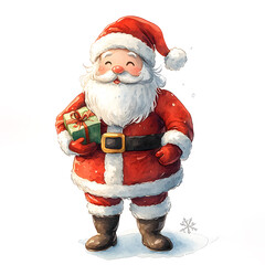 christmas watercolor style cute smiling cartoon santa claus holding gift box
