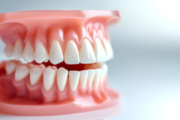 Obraz premium Close-up of a plastic dental model showing healthy white teeth and gums.