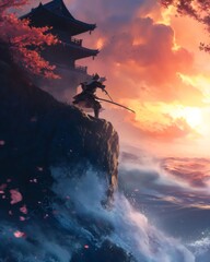 A lone samurai stands on a cliff overlooking a stormy sea at sunset, his sword raised.