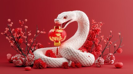 Obraz premium Enchanting 3D Render of Coiled Snake with Lantern Amid Chinese New Year Symbols, generative AI