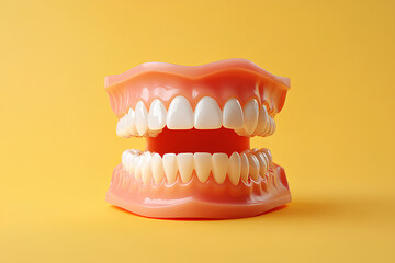 Obraz premium A close-up view of a set of healthy, white teeth in a model mouth against a bright yellow background.