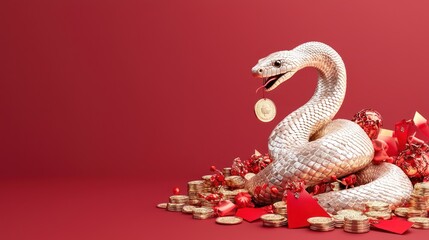 Fototapeta premium Wealth and Prosperity: Golden Snake Emerging from Chinese Vase Amid Festive Coins and Red Envelopes - 3D Render, generative AI