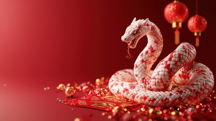 Obraz premium Glowing Snake Entwined with Chinese New Year Banner in Festive 3D Scene, generative AI