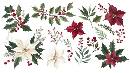 Christmas leaves and flowers elements for digital scrapbooking on a white background. This collection includes various festive botanical designs such as holly leaves, poinsettias, and mistletoe, ideal