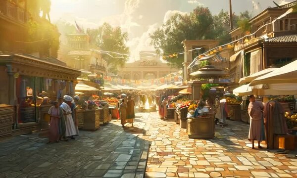 A bustling ancient Roman marketplace, filled with merchants, artisans, and the sounds of everyday life, reflecting the vibrancy and diversity of the Roman Empire. Video