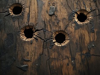A cluster of five bullet holes on a wooden surface, with splintered wood fibers and deep cracks radiating from each point, showing signs of a recent shootout