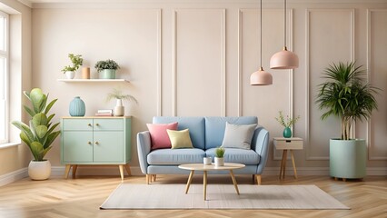 A photo of a simple modern interior room design with pastel colors. The room has a beige sofa, a pink chair, and a blue cabinet.There's a small plant near the window.