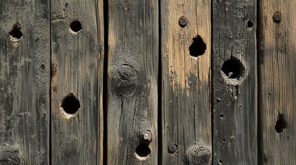 A diagonal line of bullet holes across a wooden fence, with large splinters and deep gouges, evoking a sense of urgency and conflict