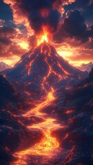 Volcano lava in stylized 3D style with bold forms and vivid colors, providing a dynamic and realistic portrayal of the eruption and lava.