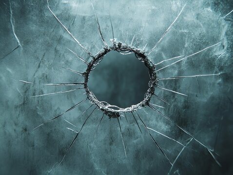 A single bullet hole on a frosted glass window, with opaque spiderweb cracks spreading from the center, conveying a sense of mystery or secrecy