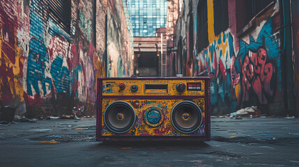 Music player and graffiti on the wall