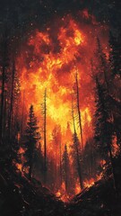 Fototapeta premium Forest fire illustrated with textured patterns, emphasizing the fire's intensity through rich, varied textures and detailed surface effects.