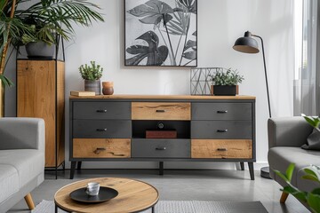 Modern Industrial Style Living Room with Grey Oak Sideboard, Sofa, and Coffee Table in Small Space