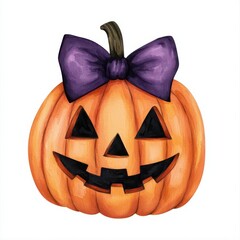 Intricate lace gothic style, coquette bow, carved pumpkin, Halloween effect, watercolor illustration, isolated on white background