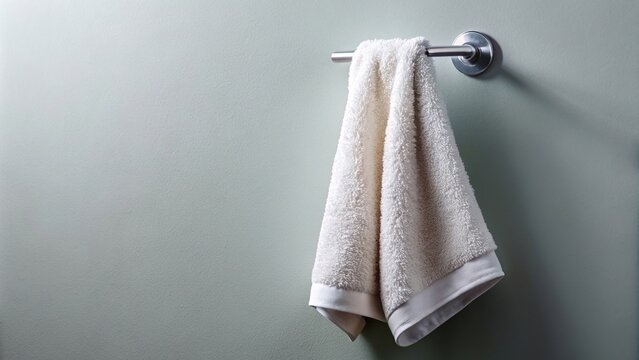 A fluffy bath towel hanging on a hook ready for use at a tilted angle, spa, hygiene, bath towel, relaxation, fabric, soft, personal care, fresh, white, bathroom, cleanliness, tilted angle