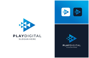Video Player Play Button Media Pixel Triangle Digital Technology Vector Logo Design Illustration