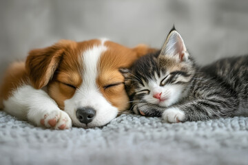 A brown and white puppy and a tabby kitten are sleeping peacefully together, curled up on a soft gray blanket.