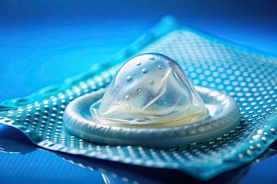 contraception, sexual health, rubber, water, intimate., latex,ribbed, health care, Ribbed and dotted condom full of water isolated on a blue background with a shallow depth of field
