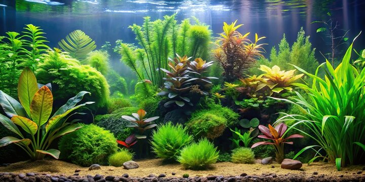 fishkeeping, serene, underwater, exotic, A beautiful planted freshwater aquarium with Java Fern alongside other aquatic plants creating a serene and natural aquatic landscape