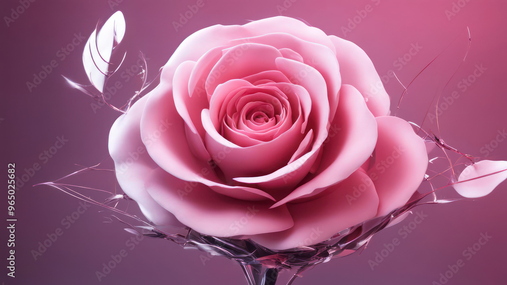 Wall mural illustration of a pink rose flower, futuristic view of a pink rose flower, pink rose technology view