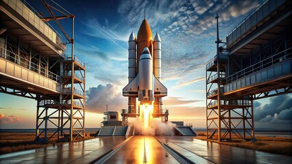 launching platform, launch, technology, ignition,rocket, technology, exploration, innovation, space travel., Spaceship rocket stands tall on a launching platform ready to be ignited