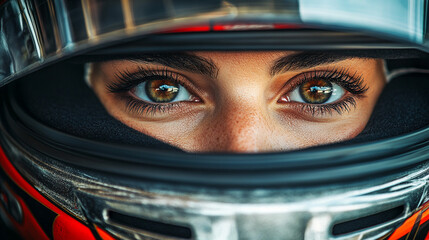 female Formula 1 driver exudes focus and confidence in this dynamic shot. With her helmet and racing suit, she symbolizes strength, determination, and the beauty of women excelling in male-dominated s
