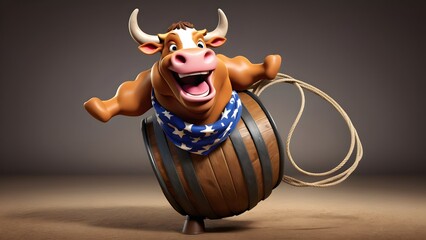 A bull in full rodeo gear—bandana, lasso, and cowboy boots—showing off with exaggerated stunts, like spinning a lasso over its head while balancing on a barrel, with a big, excited grin.
