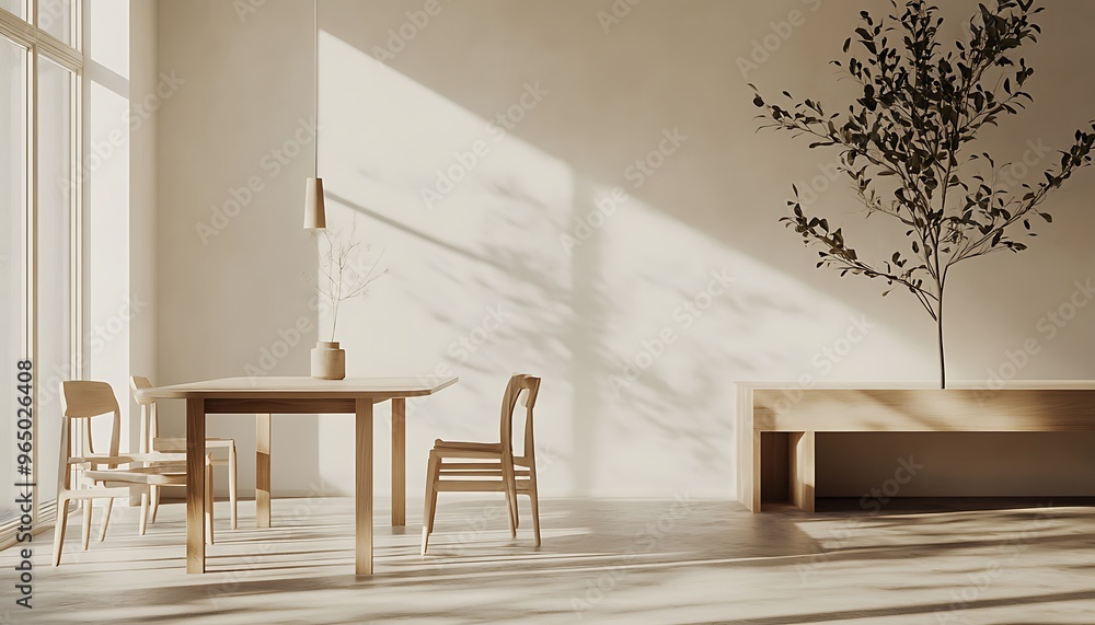 Poster minimalist dining room with simple table, chairs, and neutral color scheme for serene and balanced i