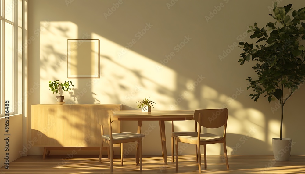 Poster minimalist dining room with simple table, chairs, and neutral color scheme for serene and balanced i