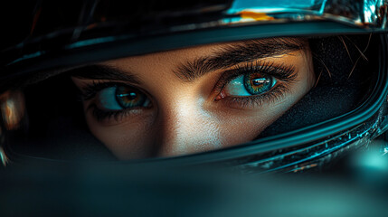 female Formula 1 driver exudes focus and confidence in this dynamic shot. With her helmet and racing suit, she symbolizes strength, determination, and the beauty of women excelling in male-dominated s