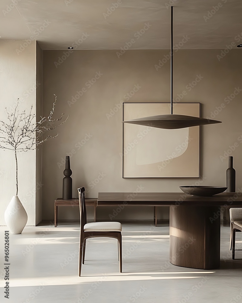 Poster dining area with minimalist table, chairs, and neutral color scheme for serene and aesthetic interio