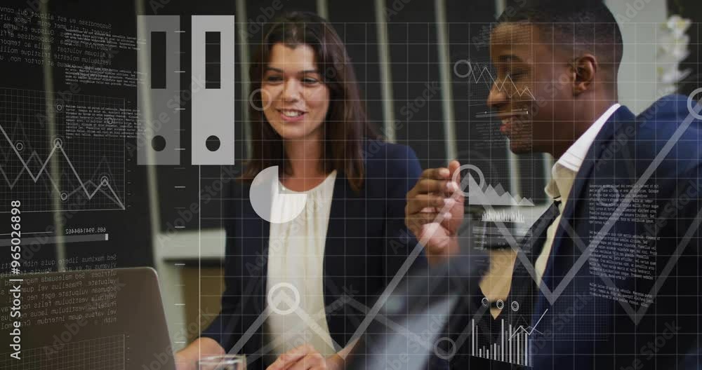 Poster animation of data processing and diagrams over diverse colleagues discussing work in office