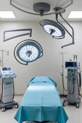 sterile, well-equipped operating room, featuring a surgical bed, medical devices, and overhead surgical lights. Ideal for precision and safety during medical procedures.