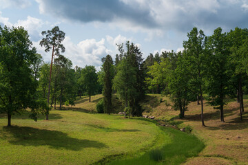 View of the Upper Park of the Oranienbaum Palace and Park Ensemble and the valley of the Karasta River on a sunny summer day, Lomonosov, St. Petersburg, Russia