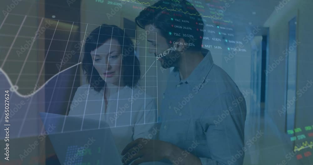 Poster animation of data processing and diagrams over diverse colleagues discussing work in office