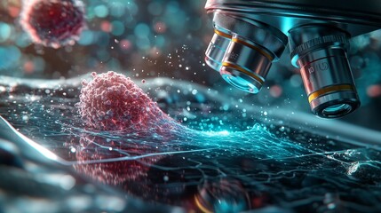 AI-assisted cancer screening tool, analyzing biopsy samples, close-up on microscope