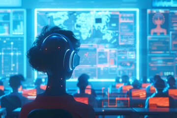 Student in futuristic classroom with holographic blackboards and virtual reality learning experience and efficiency with the education system..