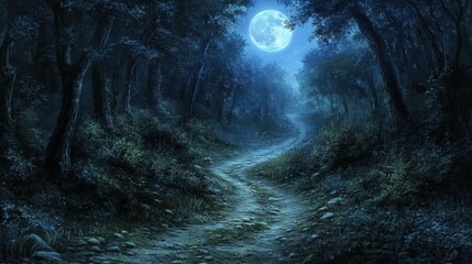 Obraz premium A moonlit path in a forest, leading to nowhere, [aimlessness], [lost in lifeâ€™s journey]