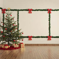 Classroom decorated with a Christmas tree and ornaments. Customize this image with your own design or text in the empty space.