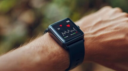 AI-powered health monitoring watch, displaying heart rate and ECG, close-up on wrist