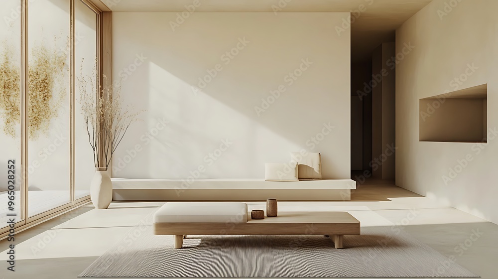 Poster minimalist living room with low-profile bench and coffee table for a functional and clean interior d