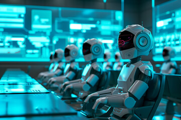 Futuristic humanoid robot soldier strategize in command center. Artificial intelligence technology innovation.