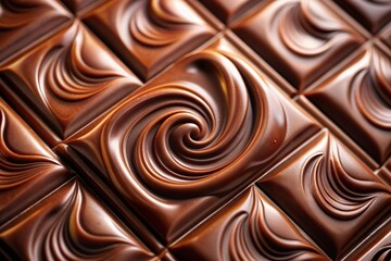 Naklejka premium A close up of a delicious chocolate bar with a beautifully crafted swirl of chocolate on top giving it an enticing and visually appealing look, cocoa, crafted, dessert, appetizing