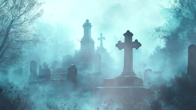 An ancient abandoned cemetery with gravestones, shrouded in a mist that eerily around the tombs. Halloween concept, looping 4k video animation background