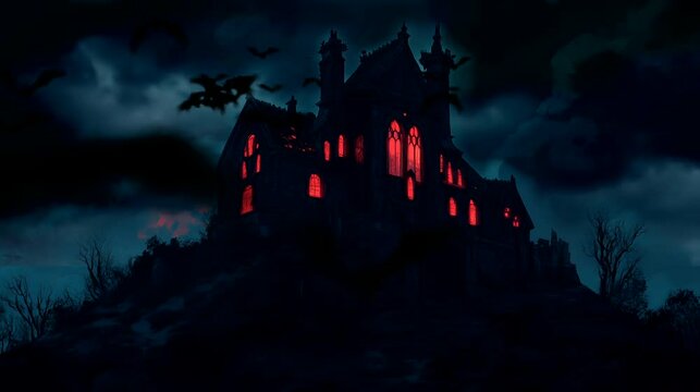 A desolate hill, crowned by a dilapidated gothic mansion, with glowing windows. Halloween concept, looping 4k video animation background