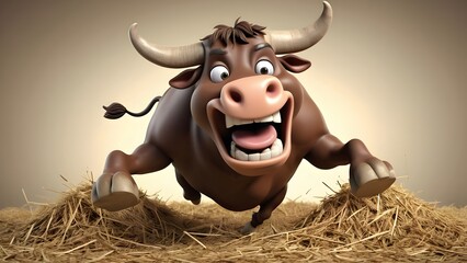 A goofier bull that’s tripping over its own hooves, with wide, surprised eyes and legs flailing in the air as it tumbles into a haystack.