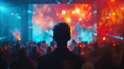 Naklejka premium A silhouette of a person watching a vibrant light show at an event surrounded by an enthusiastic crowd.
